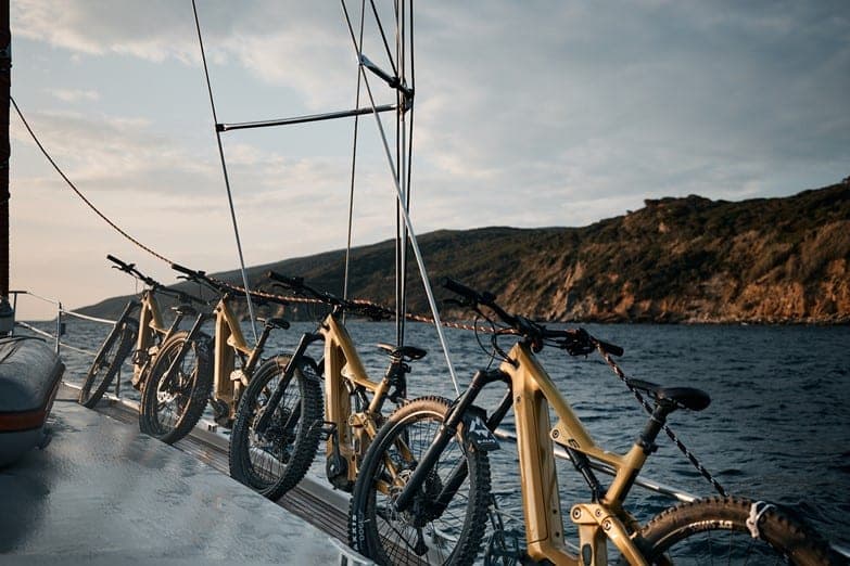 Our Flyer enduro e-MTBs (Uproc X) aboard our sailboat